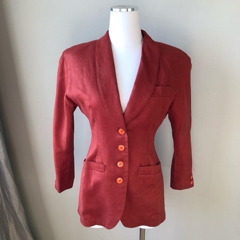 Vintage Cinnamon Color Linen Hourglass Padded Shoulder Blazer 4